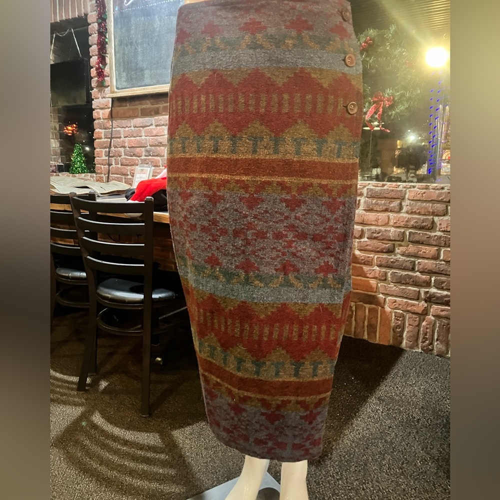 Navajo style print, wool blend, pencil wrap skirt.